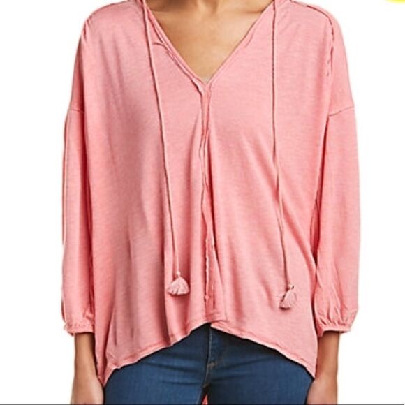 NEW Pink Frill V Neck Tassel Tie Hi Low Hemline Top By Free People - Picture 2 of 5